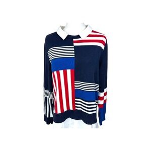 Tommy Hilfiger Womens Stripe Colorblock Collared Sweater Red White Blue Large